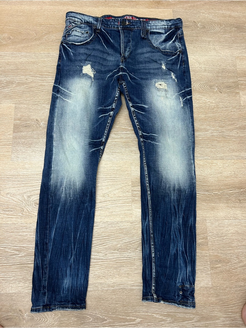 Smugglers Moon Distressed Straight Fit Jeans Men’s W38 L33 Blue Denim Stretch